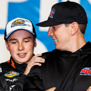 NASCAR Camping World Truck Series driver Christopher Bell (left) celebrates with team owner Kyle Busch after clinching the 2017 championship during the Ford EcoBoost 200 at Homstead-Miami Speedway.