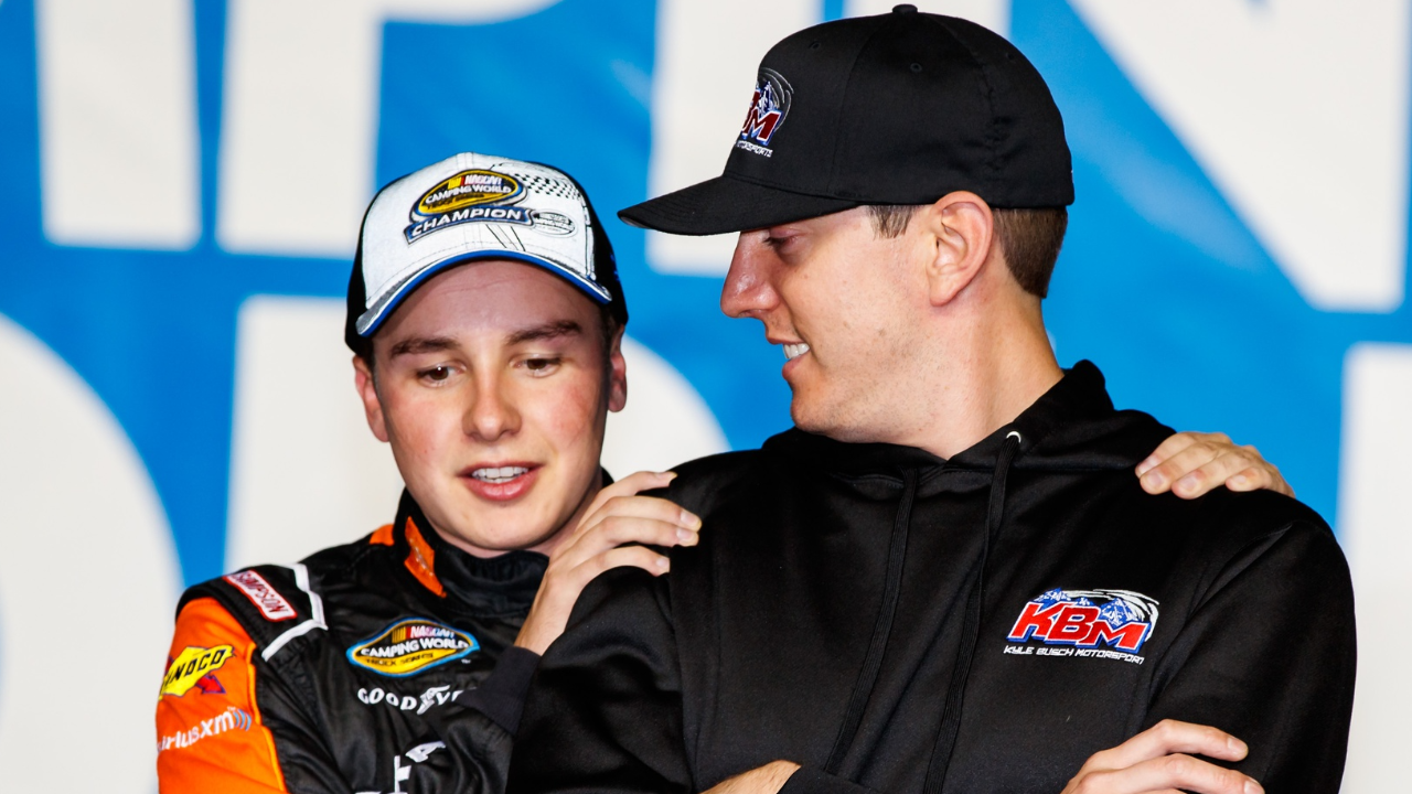 NASCAR Camping World Truck Series driver Christopher Bell (left) celebrates with team owner Kyle Busch after clinching the 2017 championship during the Ford EcoBoost 200 at Homstead-Miami Speedway.