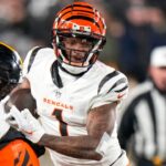 Cincinnati Bengals wide receiver Ja'Marr Chase (1) runs with a catch in the fourth quarter of the NFL Week 18 game between the Pittsburgh Steelers and the Cincinnati Bengals at Acrisure Stadium in Pittsburgh on Saturday, Jan. 4, 2025. The Bengals won 19-17 to finish the regular season at 9-8.