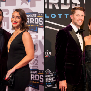 Bubba Wallace with his wife, Amanda Wallace (L) and Denny Hamlin with his fiancé Jordan Fish (R).