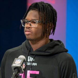 Feb 27, 2025; Indianapolis, IN, USA; Colorado defensive back Travis Hunter (DB15) during the 2025 NFL Combine at Lucas Oil Stadium. Mandatory Credit: Tanner Pearson-Imagn Images