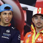 Alexander Albon of Williams and Charles Leclerc of Ferrari during press conference, ahead of the Formula 1 Grand Prix of Monaco