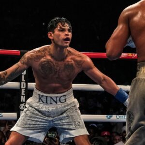 Action between WBC super lightweight champion Devin Haney (31-1 gray) and Ryan Garcia (25-1 white) in the main event of the evening from Barclays Center in Brooklyn Ny. Ryan Garcia won a majority decision after 12 rounds in an all action fight knocking Haney down in the 7th, 10th and 11th rounds.