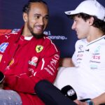 March 13, 2025: MELBOURNE, AUSTRALIA - MARCH 13: Lewis Hamilton of Great Britain and Scuderia Ferrari chats to Andrea Kimi Antonelli of Italy and Mercedes AMG Petronas F1 Team in a press conference