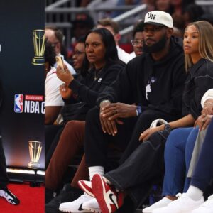 Stephen A. Smith (L), Gloria James, LeBron James and Savannah James (R)