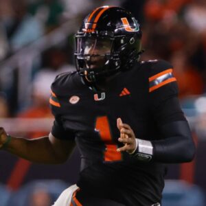 Oct 26, 2024; Miami Gardens, Florida, USA; Miami Hurricanes quarterback Cam Ward (1) runs with the football against the Florida State Seminoles during the third quarter at Hard Rock Stadium.