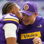 Oct 20, 2024; Minneapolis, Minnesota, USA; Minnesota Vikings wide receiver Justin Jefferson (18) hugs head coach Kevin O'Connell before the game against the Detroit Lions at U.S. Bank Stadium.