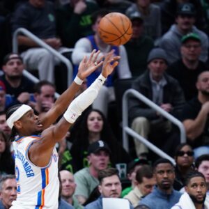 Oklahoma City Thunder guard Shai Gilgeous-Alexander (2) shoots the ball against the Boston Celtics in the fourth quarter at TD Garden