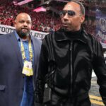 Sports personality Stephen A. Smith arrives before the CFP National Championship college football game between the Notre Dame Fighting Irish and the Ohio State Buckeyes at Mercedes-Benz Stadium.