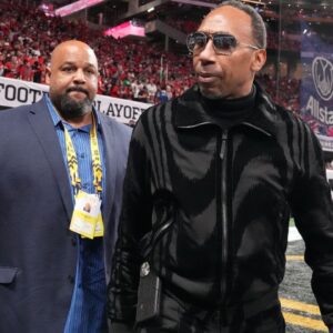 Sports personality Stephen A. Smith arrives before the CFP National Championship college football game between the Notre Dame Fighting Irish and the Ohio State Buckeyes at Mercedes-Benz Stadium.