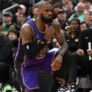 Los Angeles Lakers forward LeBron James (23) reacts after being fouled by Boston Celtics forward Jayson Tatum (not seen) during the fourth quarter at the TD Garden.