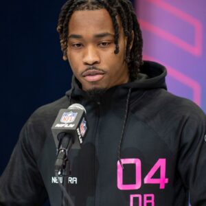 Texas defensive back Jahdae Barron (DB04) during the 2025 NFL Combine at Lucas Oil Stadium.