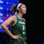 Angel Reese (5) of the Rose takes a moment against the Vinyl during a timeout in the first half of the Unrivaled women’s professional 3v3 basketball league at Wayfair Arena.