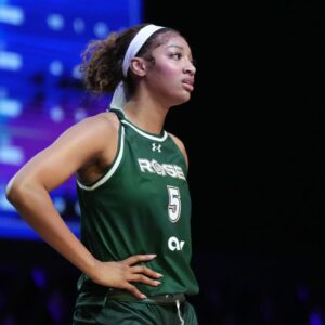Angel Reese (5) of the Rose takes a moment against the Vinyl during a timeout in the first half of the Unrivaled women’s professional 3v3 basketball league at Wayfair Arena.