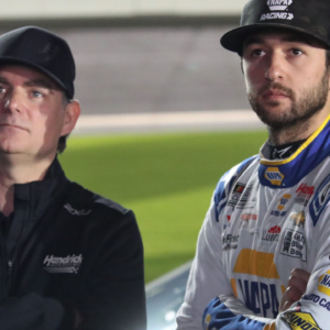 Jeff Gordon and Chase Elliott watch the action on the giant TV screne towering over pit road, Wednesday February 15, 2023 during Daytona 500 qualifying. Dtb Daytona 500 Qualifying 16