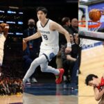 Anthony Edwards (L), Yuta Watanabe (C), Anthony Edwards dunking on Yuta Watanabe (R)