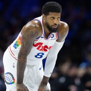Philadelphia 76ers forward Paul George (8) looks on against the Golden State Warriors during the second quarter at Wells Fargo Center