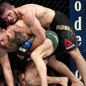 Khabib Nurmagomedov (red gloves) fights Conor McGregor (blue gloves) during UFC 229 at T-Mobile Arena.