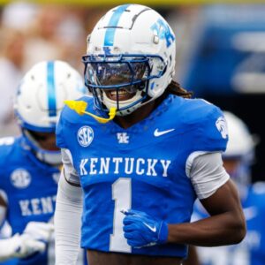 Sep 21, 2024; Lexington, Kentucky, USA; Kentucky Wildcats defensive back Maxwell Hairston (1) runs onto the field before the game against the Ohio Bobcats at Kroger Field.