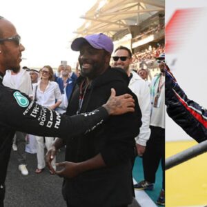 will.i.am and Lewis Hamilton (L), Sebastian Vettel (R)