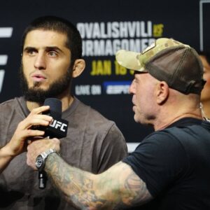 ) Joe Rogan and Islam Makhachev at the ceremonial weigh-in at Intercontinental Downtown Los Angeles for UFC311 Makhachev vs Tsarukyan 2