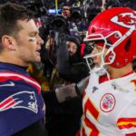 Dec 8, 2019; Foxborough, MA, USA; New England Patriots quarterback Tom Brady (12) and Kansas City Chiefs quarterback Patrick Mahomes (15) after the game at Gillette Stadium.