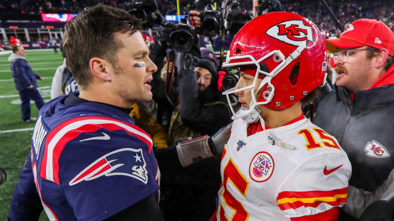 Dec 8, 2019; Foxborough, MA, USA; New England Patriots quarterback Tom Brady (12) and Kansas City Chiefs quarterback Patrick Mahomes (15) after the game at Gillette Stadium.