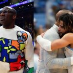 Shannon Sharpe (L), UNC guard RJ Davis and coach Hubert Davis (R)