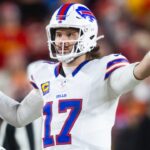Jan 26, 2025; Kansas City, MO, USA; Buffalo Bills quarterback Josh Allen (17) reacts against the Kansas City Chiefs during the AFC Championship game at GEHA Field at Arrowhead Stadium.