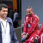 Karun Chandhok (L), Lewis Hamilton and Charles Leclerc (R)