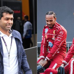 Karun Chandhok (L), Lewis Hamilton and Charles Leclerc (R)
