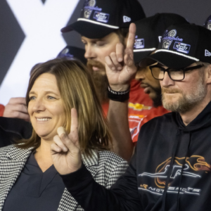 NASCAR Xfinity Series team owner Dale Earnhardt Jr and sister Kelley Earnhardt Miller celebrate after winning the 2024 Xfinity Series championship during the Championship race at Phoenix Raceway.