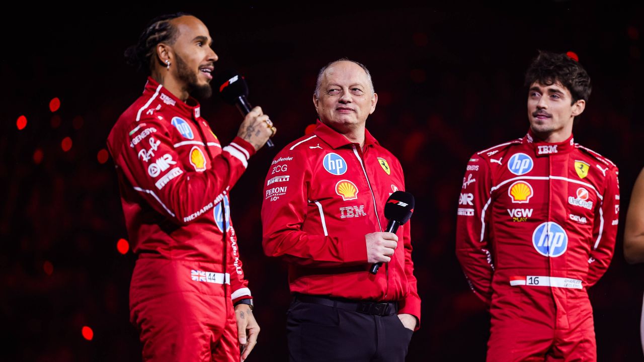 Scuderia Ferrari SF-25 livery reveal with HAMILTON Lewis (gbr), Scuderia Ferrari SF-25, VASSEUR FrÃ dÃ ric (fra), Team Principal & General Manager of the Scuderia Ferrari, LECLERC Charles (mco), Scuderia Ferrari SF-25, portrait, during the F1 75 Live at The O2, F1 2025 season Launch event, on February 18, 2025 in London, United Kingdom