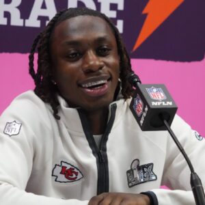 Kansas City Chiefs wide receiver Xavier Worthy (1) during Super Bowl LIX Opening Night at Ceasars Superdome.