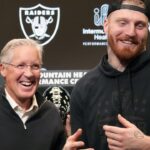 Las Vegas Raiders defensive end Maxx Crosby (right) and coach Pete Carroll at press conference at Intermountain Health Performance Center.