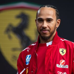 Lewis Hamilton Scuderia Ferrari HP, 44 at the Lakeside Fan Forum on stage, behind him Ferrari crest logo branding, AUS, Formula 1 World Championship, Luis Vuitton Australian Grand Prix, Albert Park Circuit Melbourne