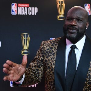 Shaquille O'Neal arrives on the red carpet before the Emirates NBA Cup semifinal game at T-Mobile Arena.