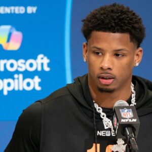 Texas wideout Matthew Golden (WO16) speaks during a press conference at Feb 28, 2025; Indianapolis, IN, USA; during the 2025 NFL Combine at Indiana Convention Center.