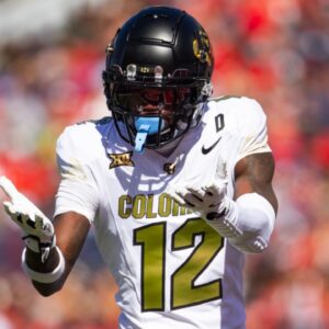 Oct 19, 2024; Tucson, Arizona, USA; Colorado Buffalos wide receiver Travis Hunter (12) reacts against the Arizona Wildcats in the first half at Arizona Stadium.