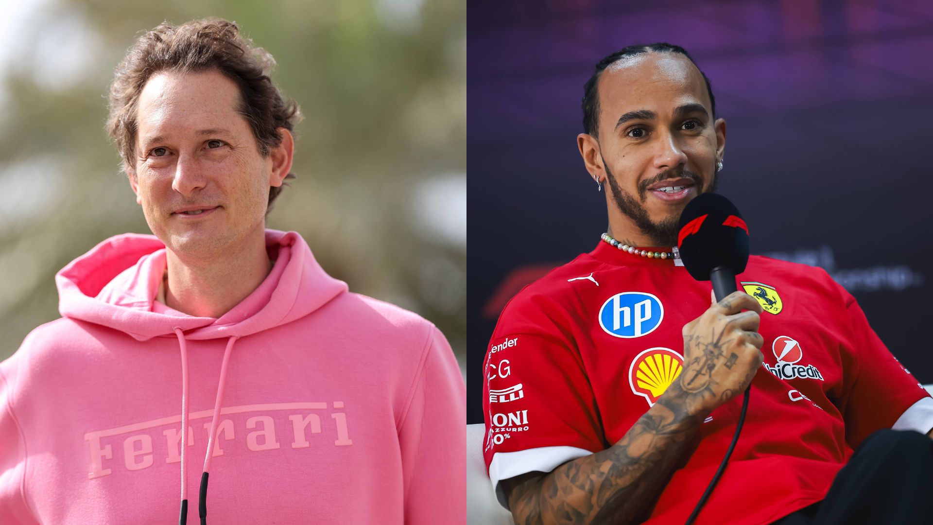 John Elkann (L) and Lewis Hamilton (R)