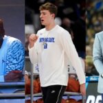 Michael Jordan (L), Cooper Flagg (C), Mick Cronin (R)