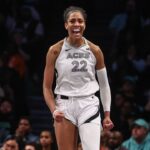 Las Vegas Aces center A'ja Wilson (22) celebrates after scoring in the fourth quarter against the New York Liberty during game two of the 2024 WNBA Semi-finals at Barclays Center.