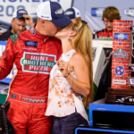 NASCAR Truck Series driver Ryan Preece kisses his wife Heather DesRochers after winning the Rackley Roofing 200 NASCAR Camping World Truck Series race at the Nashville Superspeedway in Lebanon, Tenn., Friday, June 18, 2021. Nastruck 061821 An 007