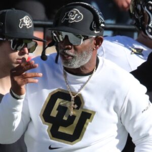 Nov 9, 2024; Lubbock, Texas, USA; Colorado Buffalos head coach Deion Sanders in the first half during the game against the Texas Tech Red Raiders at Jones AT&T Stadium and Cody Campbell Field.