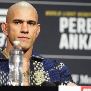 Alex Pereira speaks with the press and the spectators for UFC313 - Pereira vs Ankalaev at Mandalay Bay on March 6, 2025 in Las Vegas, Nevada