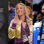 Shannon Sharpe (L), Jeanie Buss (C), Anthony Davis (R)