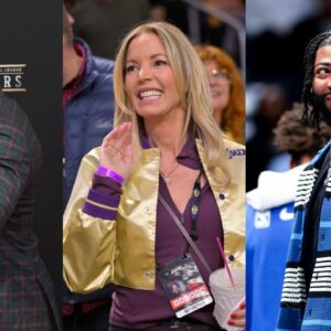 Shannon Sharpe (L), Jeanie Buss (C), Anthony Davis (R)