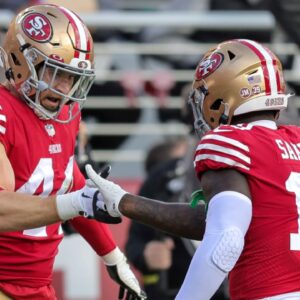 Dec 4, 2022; Santa Clara, California, USA; San Francisco 49ers fullback Kyle Juszczyk (44) celebrates with wide receiver Deebo Samuel (19) after scoring a touchdown during the first quarter against the Miami Dolphins at Levi's Stadium.
