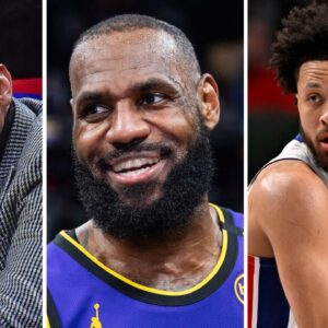 Stephen A. Smith (L), LeBron James (C), Cade Cunningham (R)