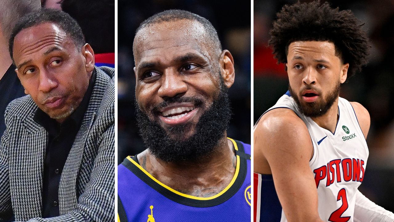 Stephen A. Smith (L), LeBron James (C), Cade Cunningham (R)